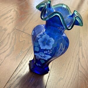 Fenton Blue Glass Vase with Floral Design